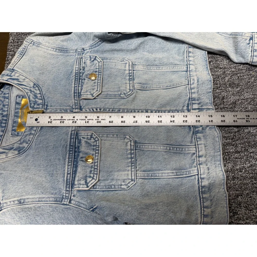 Michael Kors Women's Light Wash Cropped Denim Jacket Zip Up Collarless Blue Med